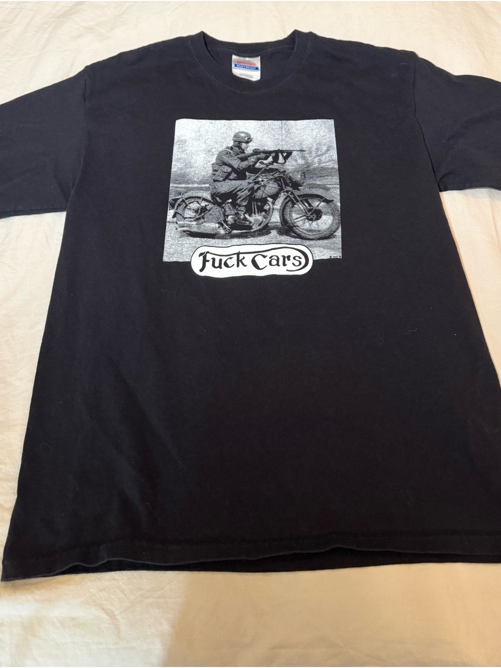 Hanes Black Tee with White Motorcycle Graphic